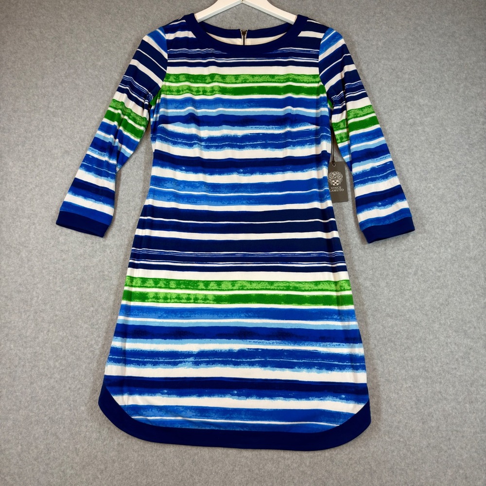Vince Camuto Dress Womens 2 Blue Green Striped Shift 3/4 Sleeve Preppy Nautical